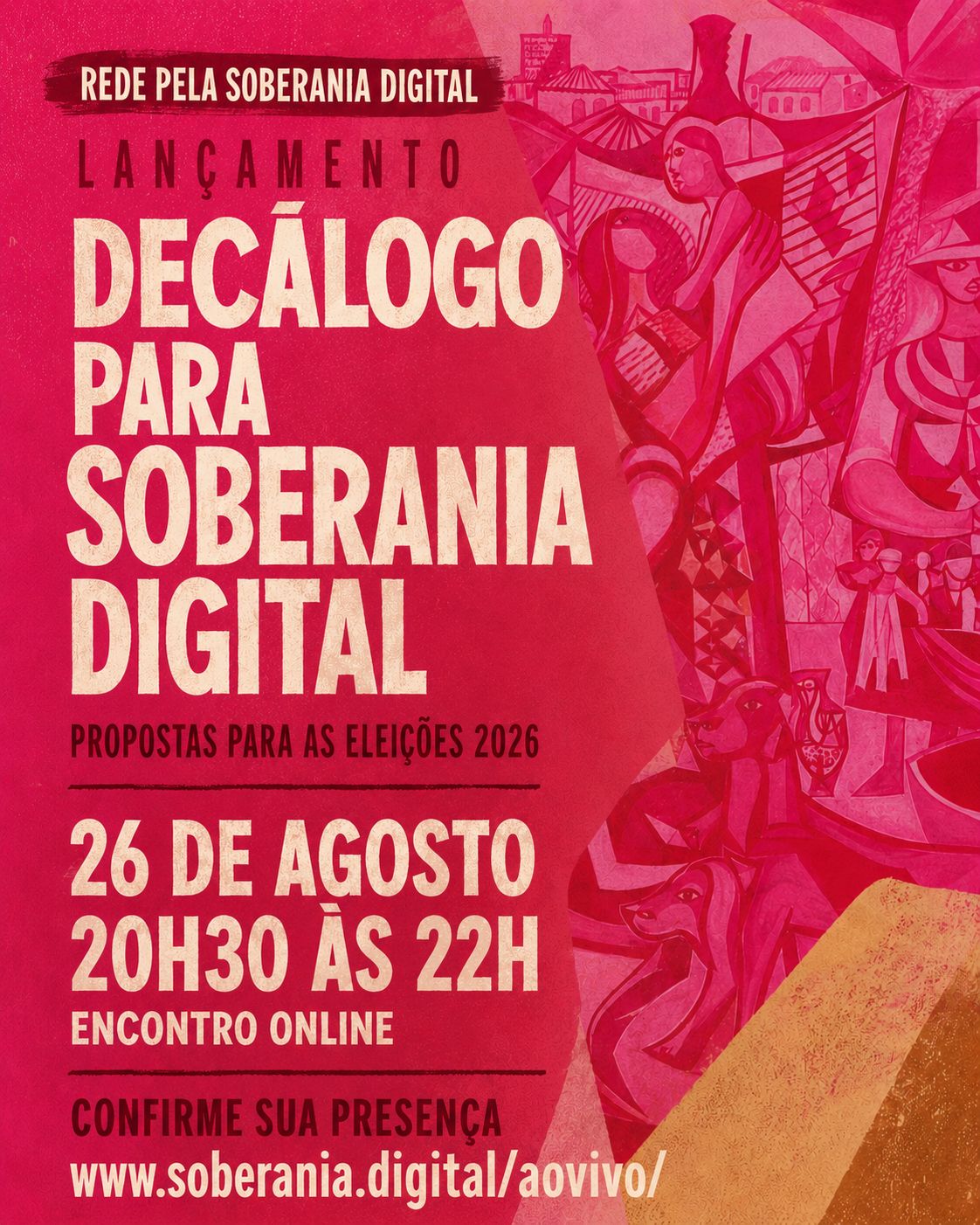 Arte promocional do lançamento do Decálogo pela Soberania Digital — 26 de agosto, 20h30